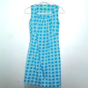 Katherine Way Geometric Print Pleated Neck Shift Dress